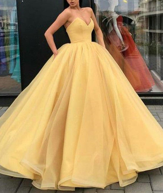 Unthony - V Neck Sleeveless Yellow Organza Ball Gown