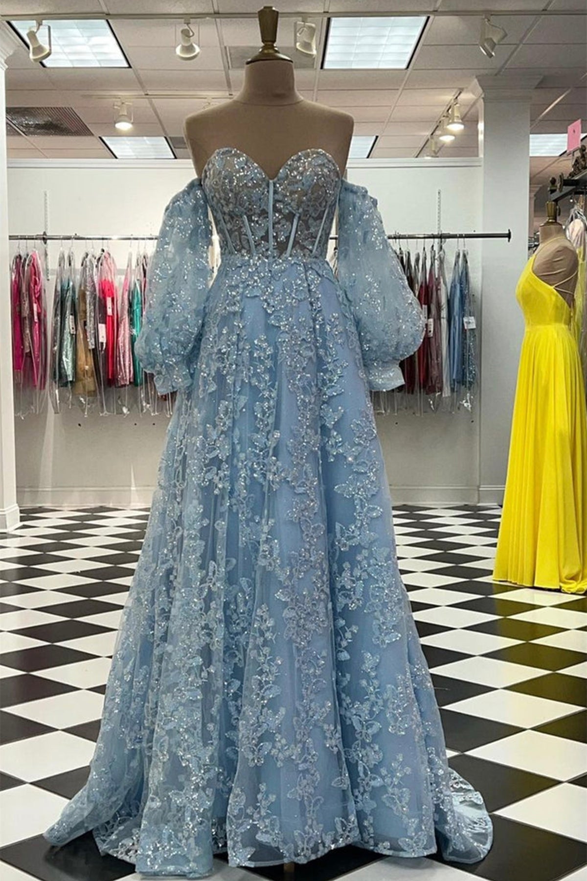 Unthony - Sweetheart Neck Blue Lace Appliques Long Prom Dress with Long Sleeves