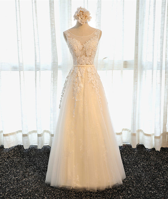 Unthony - A Line Round Neck Sleeveless Lace Grey/Pink/Champagne Prom Dresses