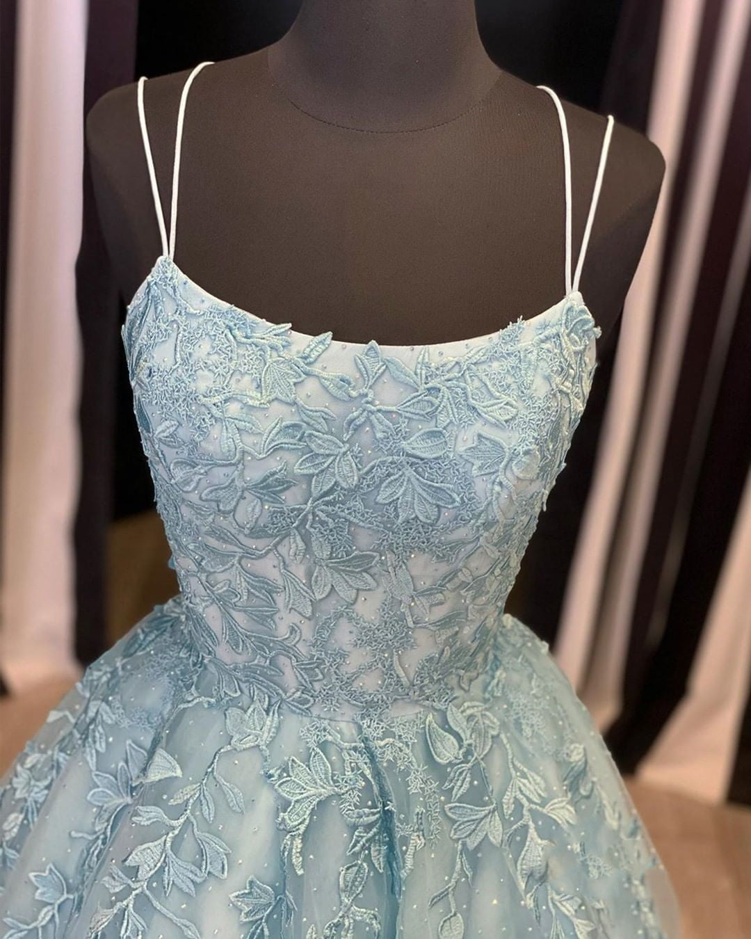 Unthony - A Line Backless Lace Long Sky Blue Prom Dress