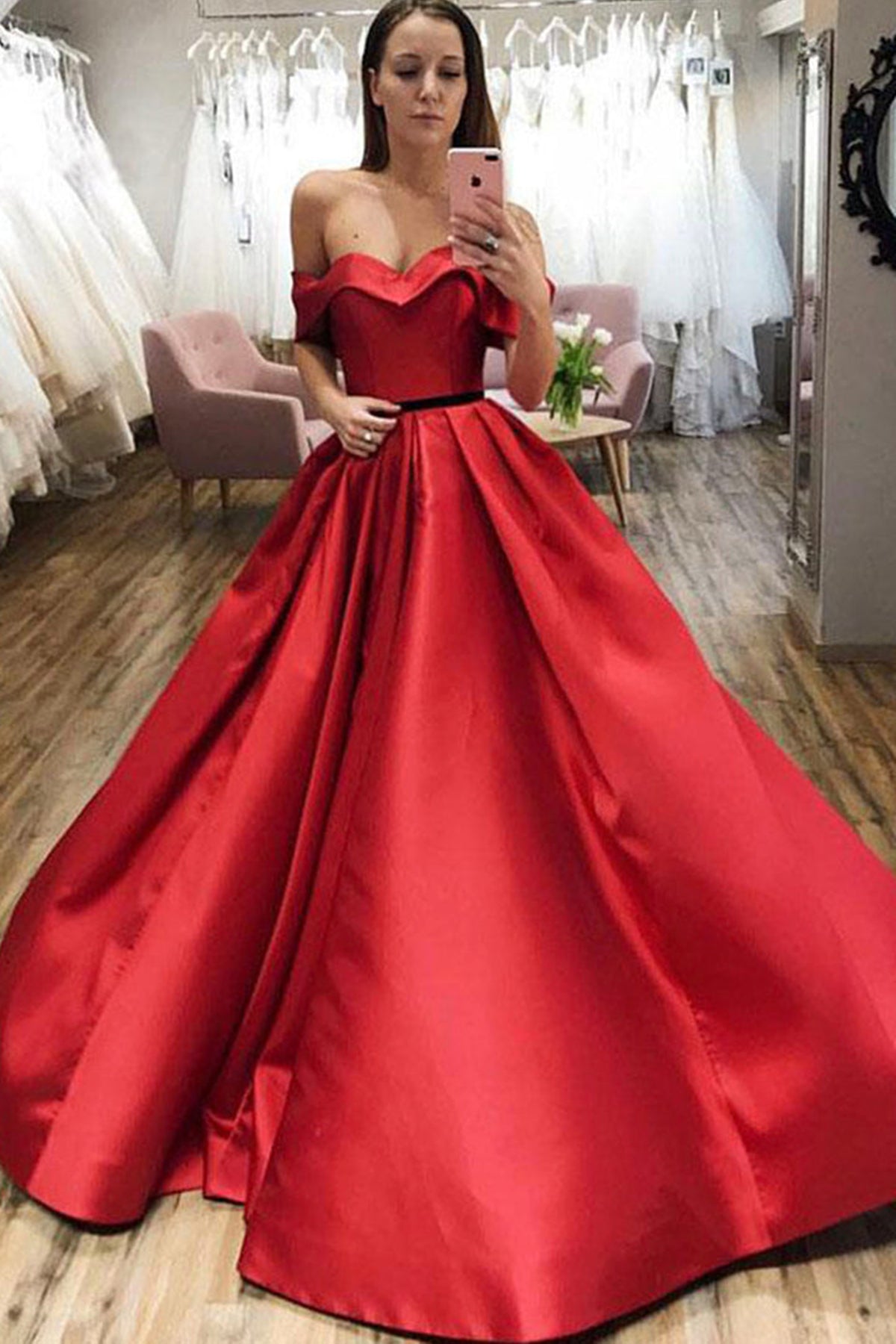 Unthony - Off Shoulder Red Satin Long Prom Dress