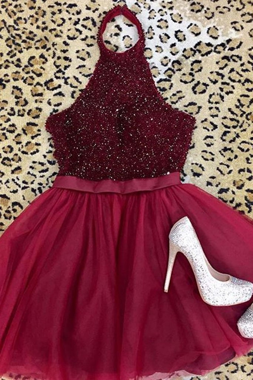Unthony - Halter Neck Open Back Beaded Burgundy Prom Dress