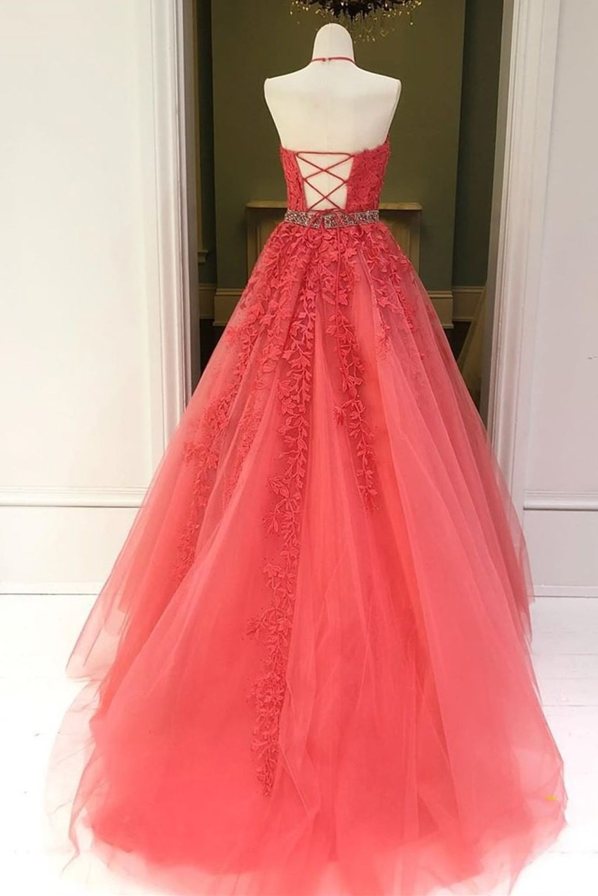 Unthony - Stylish Backless Coral Lace Long Prom Dress