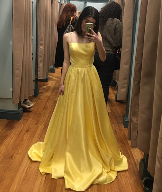 Unthony - Simple Yellow A Line Spaghetti Straps Satin Long Prom Dress