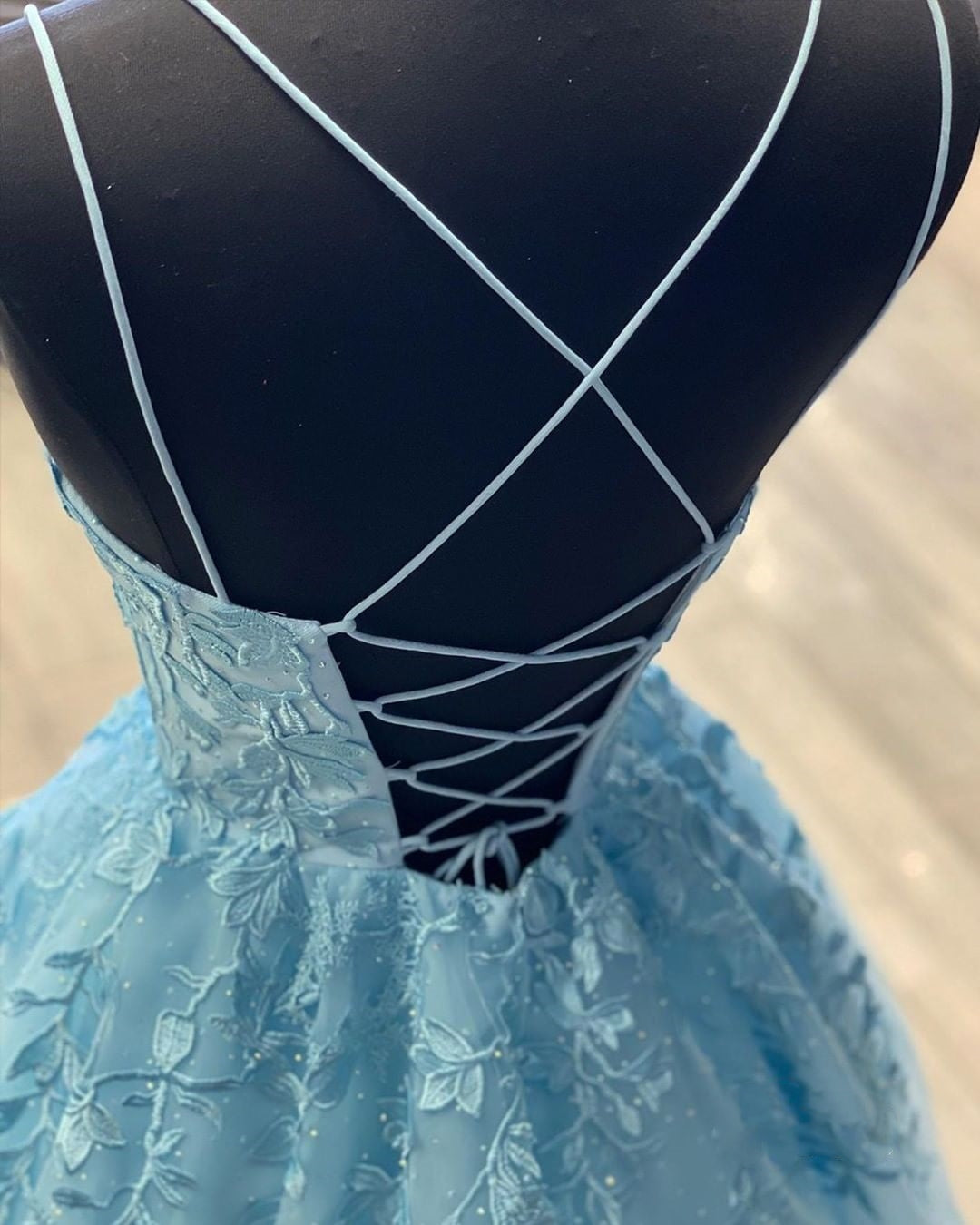 Unthony - A Line Backless Lace Long Sky Blue Prom Dress