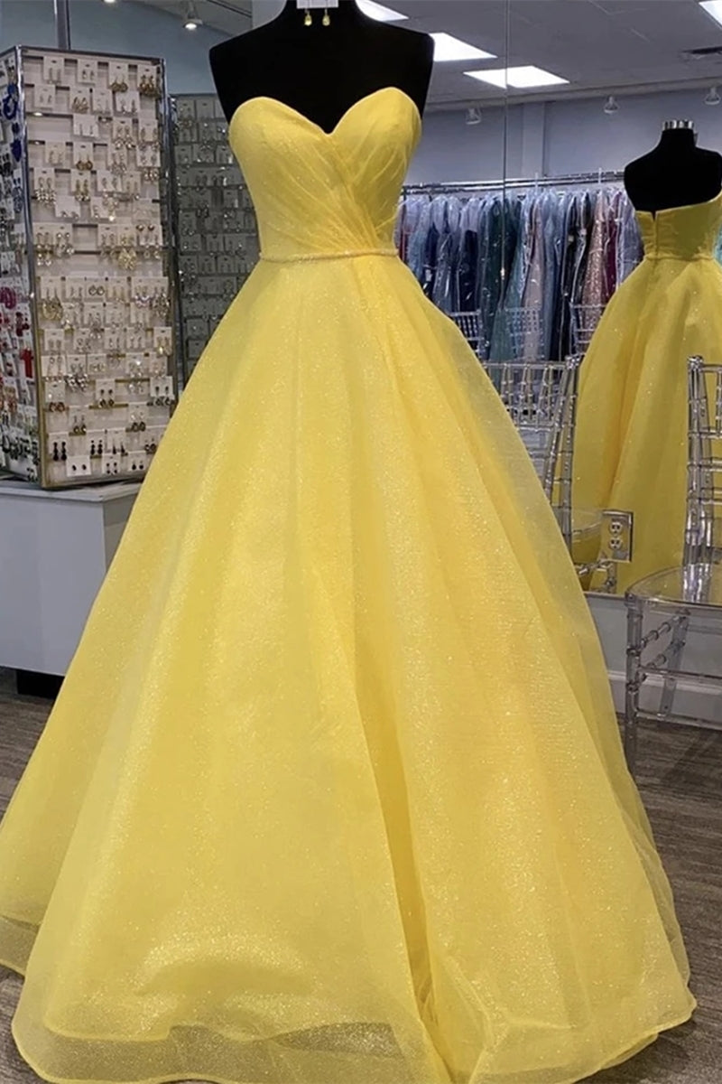 Unthony - Strapless Open Back Sequins Yellow Prom Dress