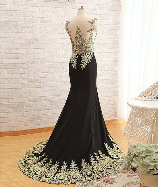 Unthony - Round Neck Mermaid Lace Applique Black Prom Dresses