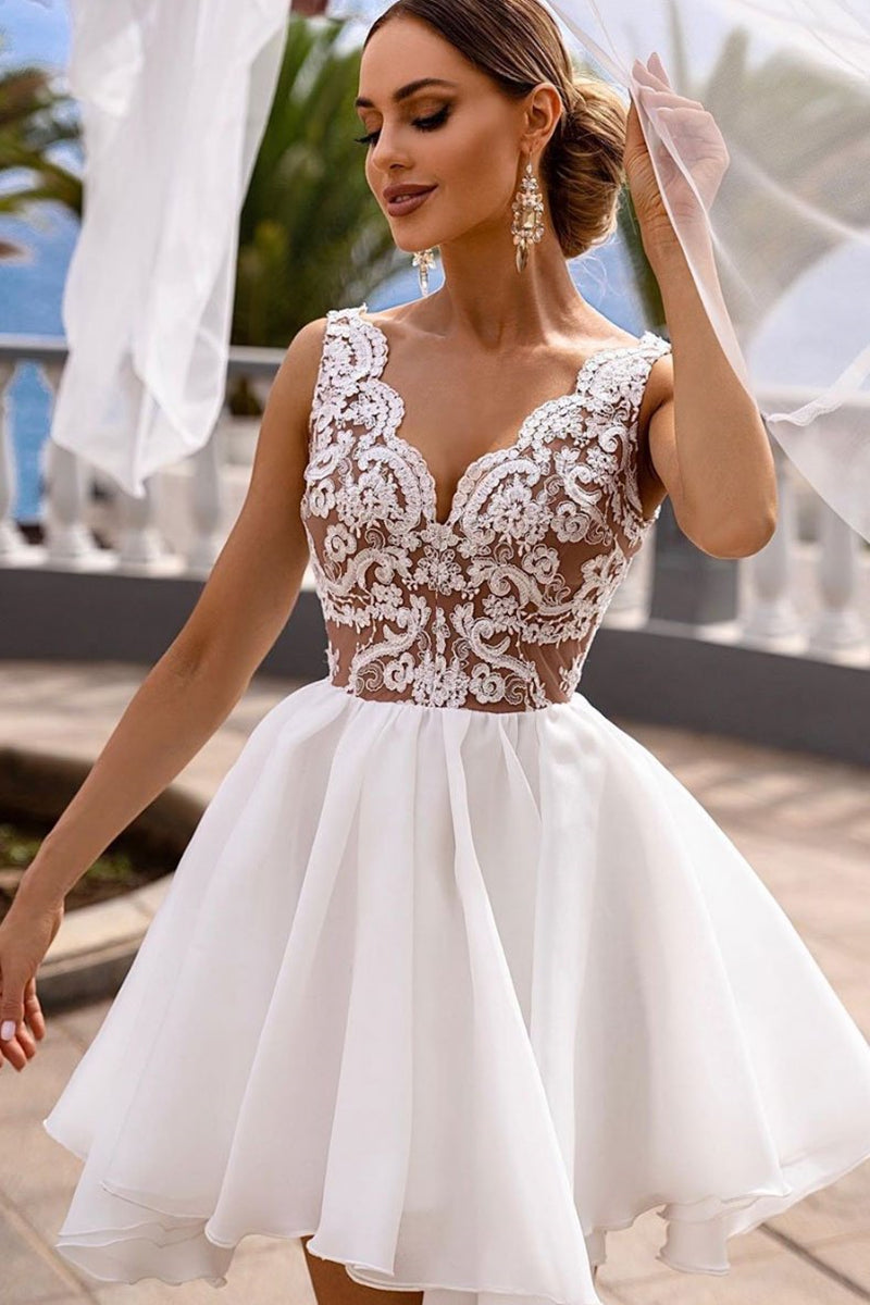 Unthony - A Line V Neck White Lace Short Prom Dress