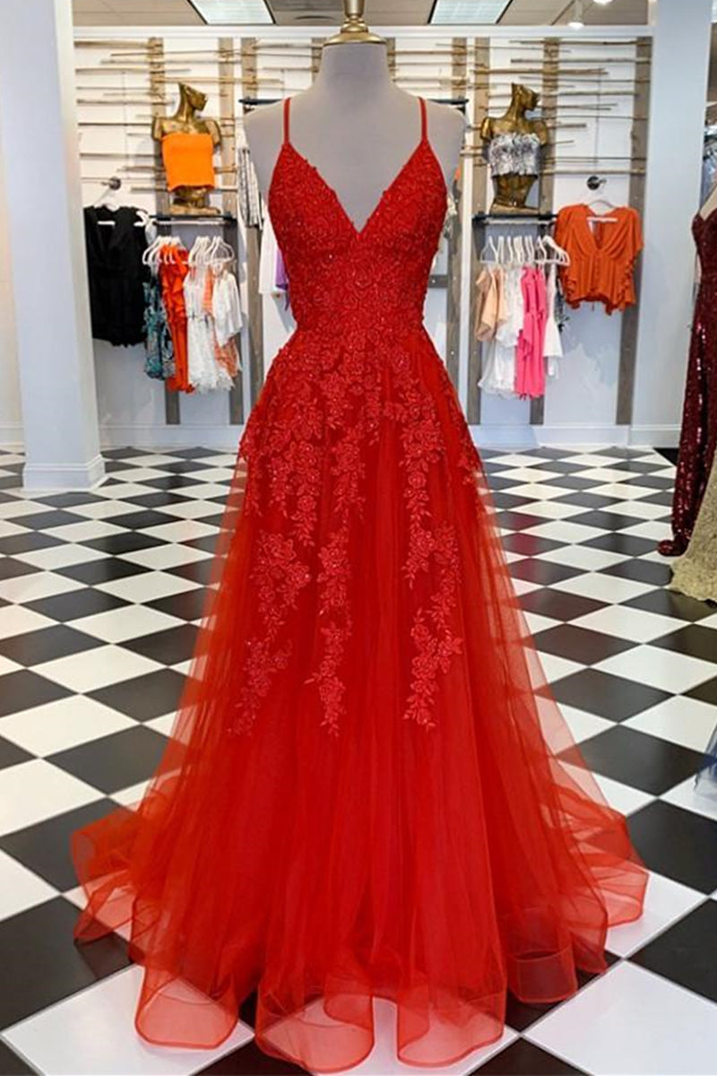 Unthony - A Line Spaghetti Straps V Neck Red Lace Long Prom Dress