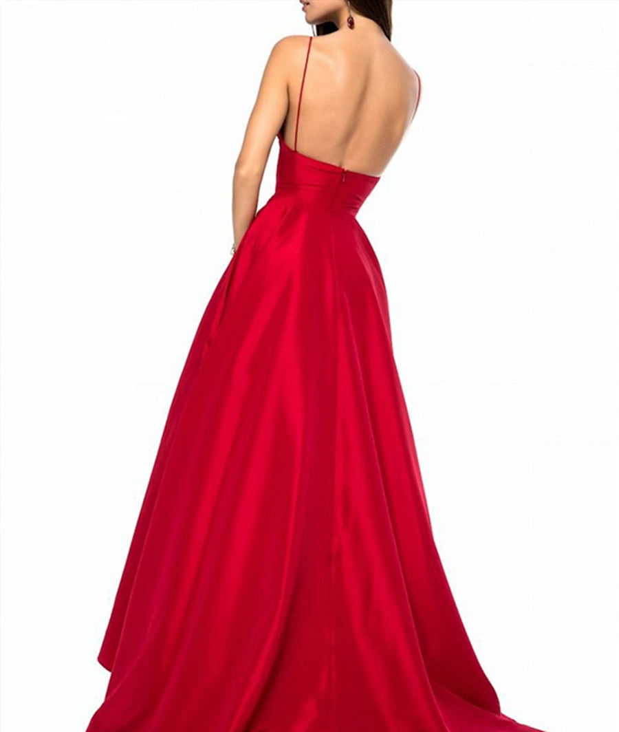 Unthony - A-Line V Neck Spaghetti Straps Backless Sweep Train Red Satin Long Prom Dress