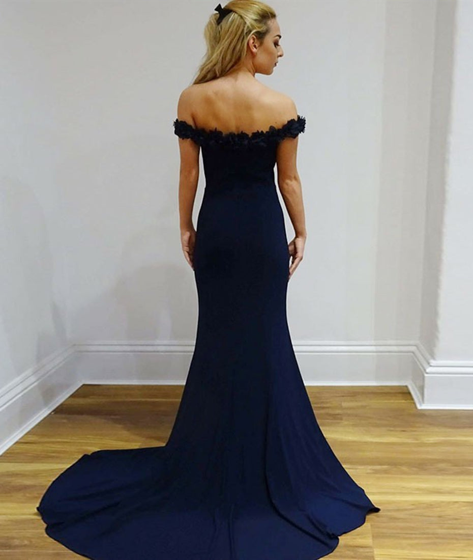 Unthony - Mermaid Off Shoulder Appliques Navy Blue Long Prom Dresses