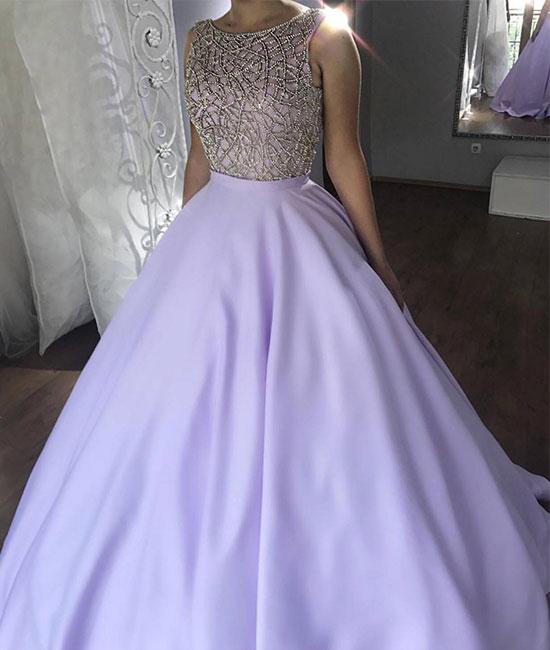 Unthony - Round Neck Purple Satin long Prom Dress With Beads