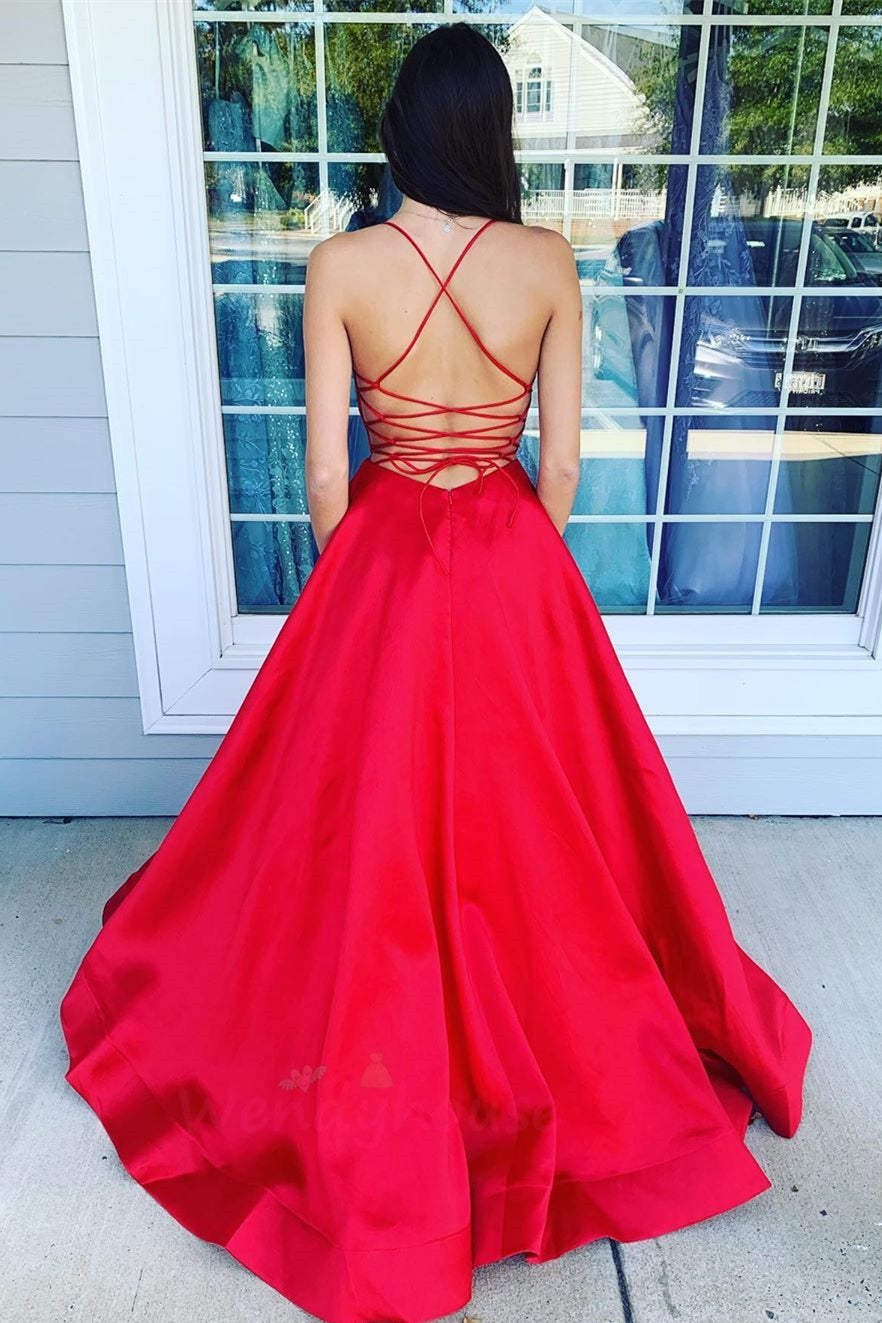 Unthony - A Line V Neck Backless Red Satin Long Prom Dress