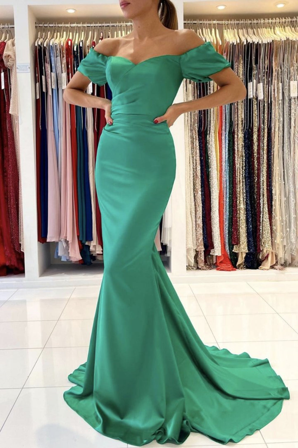 Unthony - Off Shoulder Mermaid Green Satin Long Prom Dress