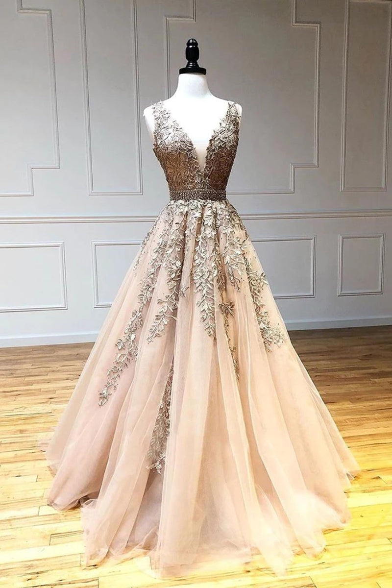 Unthony - A Line V Neck Lace Champagne Tulle Long Prom Dress