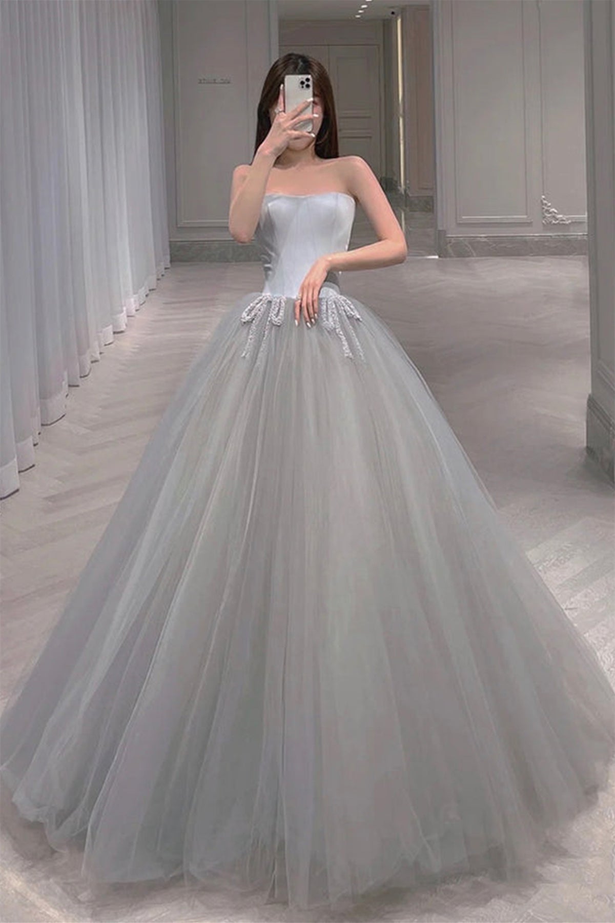 Unthony - Elegant Gray Tulle Long Prom Dress