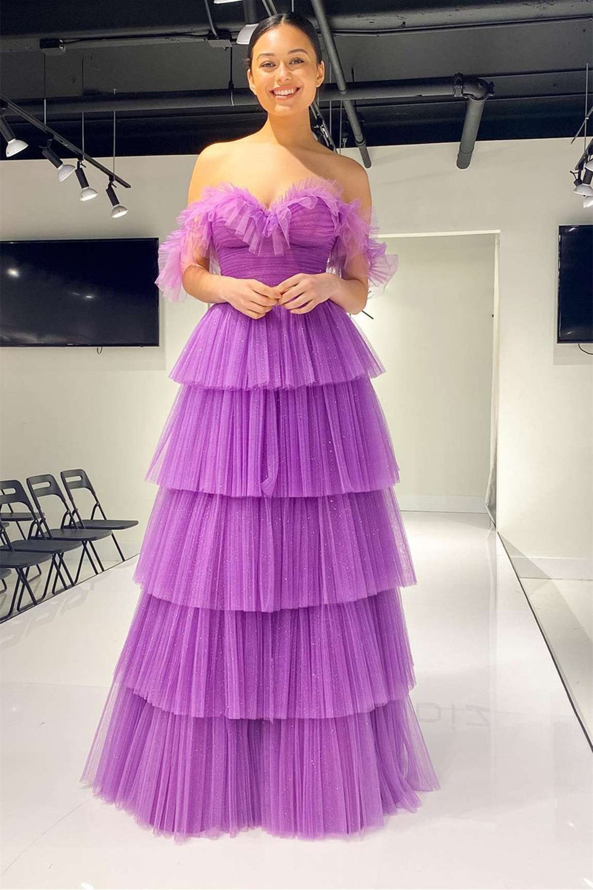 Unthony - Elegant Off Shoulder Layered Purple Tulle Long Prom Dress