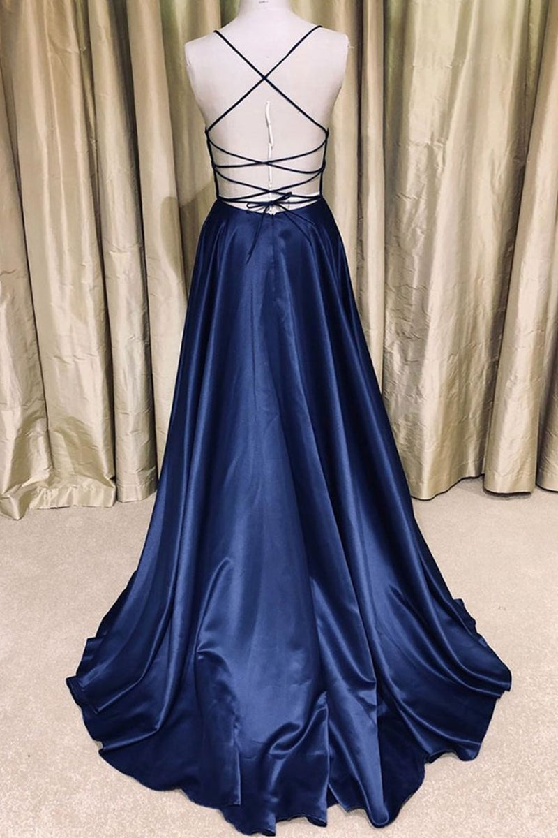 Unthony - Royal Blue V Neck Backless Satin Long Prom Dresses