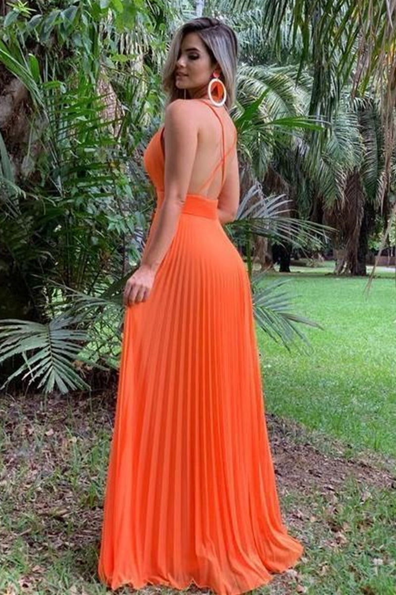 Unthony - A Line V Neck Backless Orange Chiffon Long Prom Dress