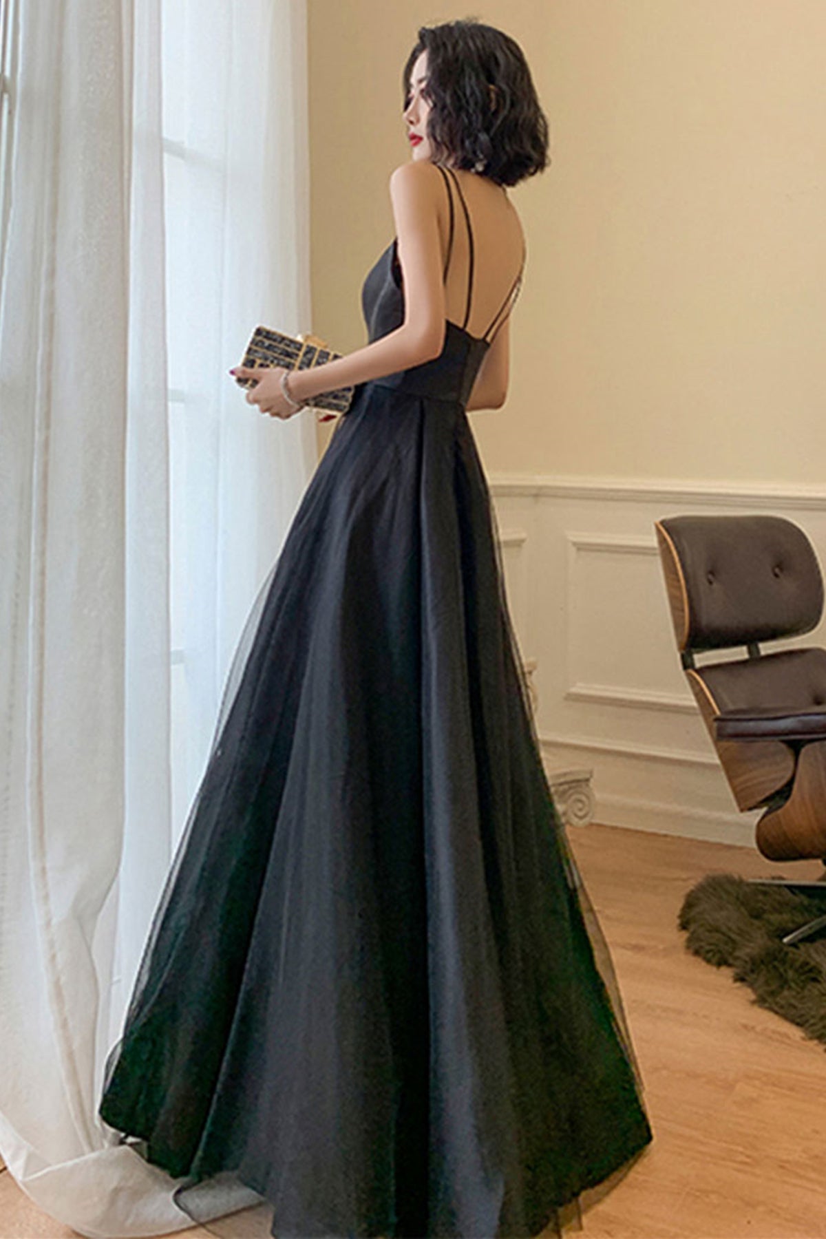 Unthony - A Line Open Back Black Long Prom Dress