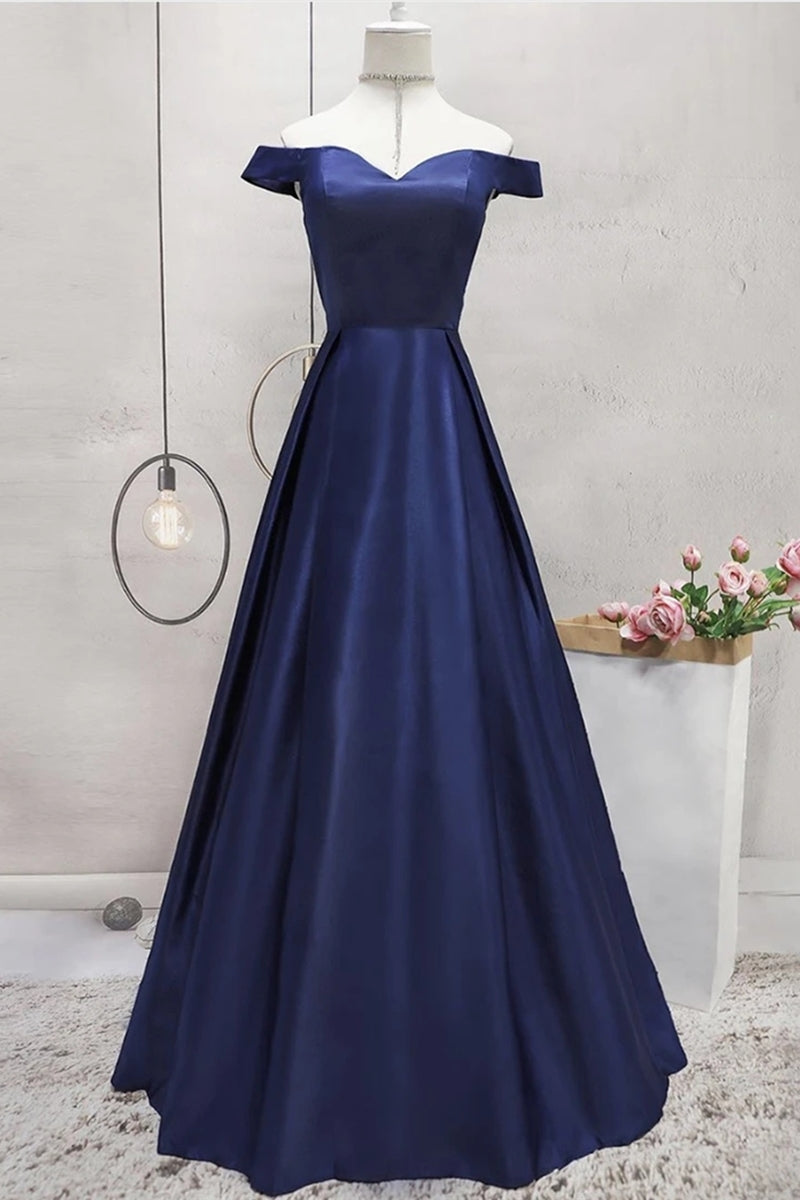 Unthony - Off Shoulder Blue Satin Long Prom Dress