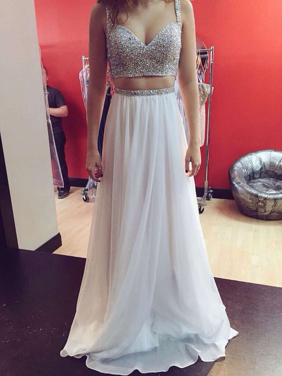 Unthony - Custom Made White A Line Two Pieces Sweetheart Neck Sequin Long Prom Dresses
