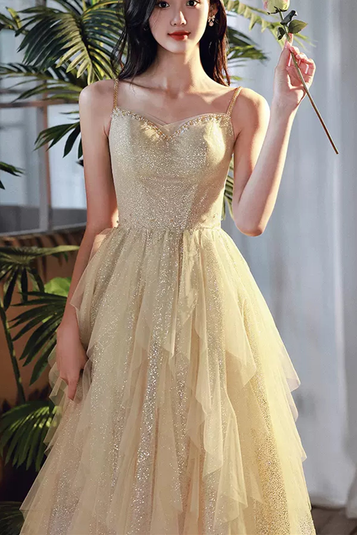 Unthony - Shiny A Line Champagne Tulle Long Prom Dress