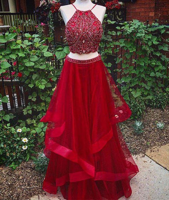 Unthony - Custom Made Beaded Red Halter Two Piece Prom Dresses