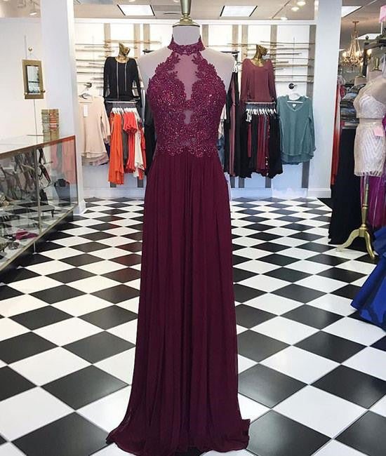 Unthony - A Line High Neck Maroon Lace Long Prom Dresses