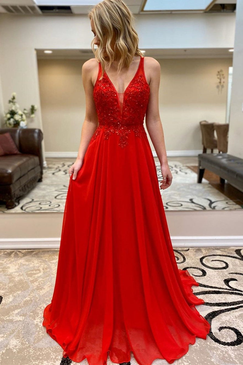 Unthony - A Line V Neck Beaded Red Lace Long Prom Dress
