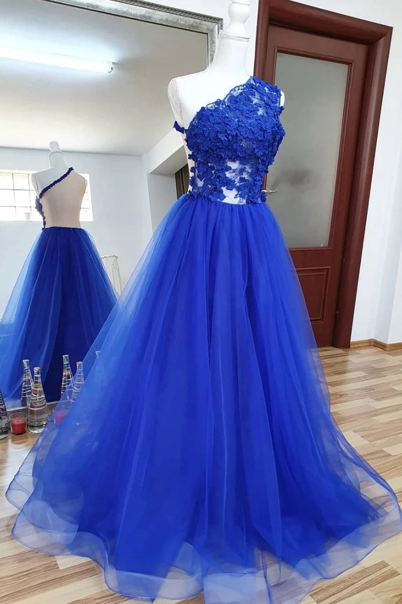 Unthony - One Shoulder Backless Royal Blue Lace Long Prom Dress