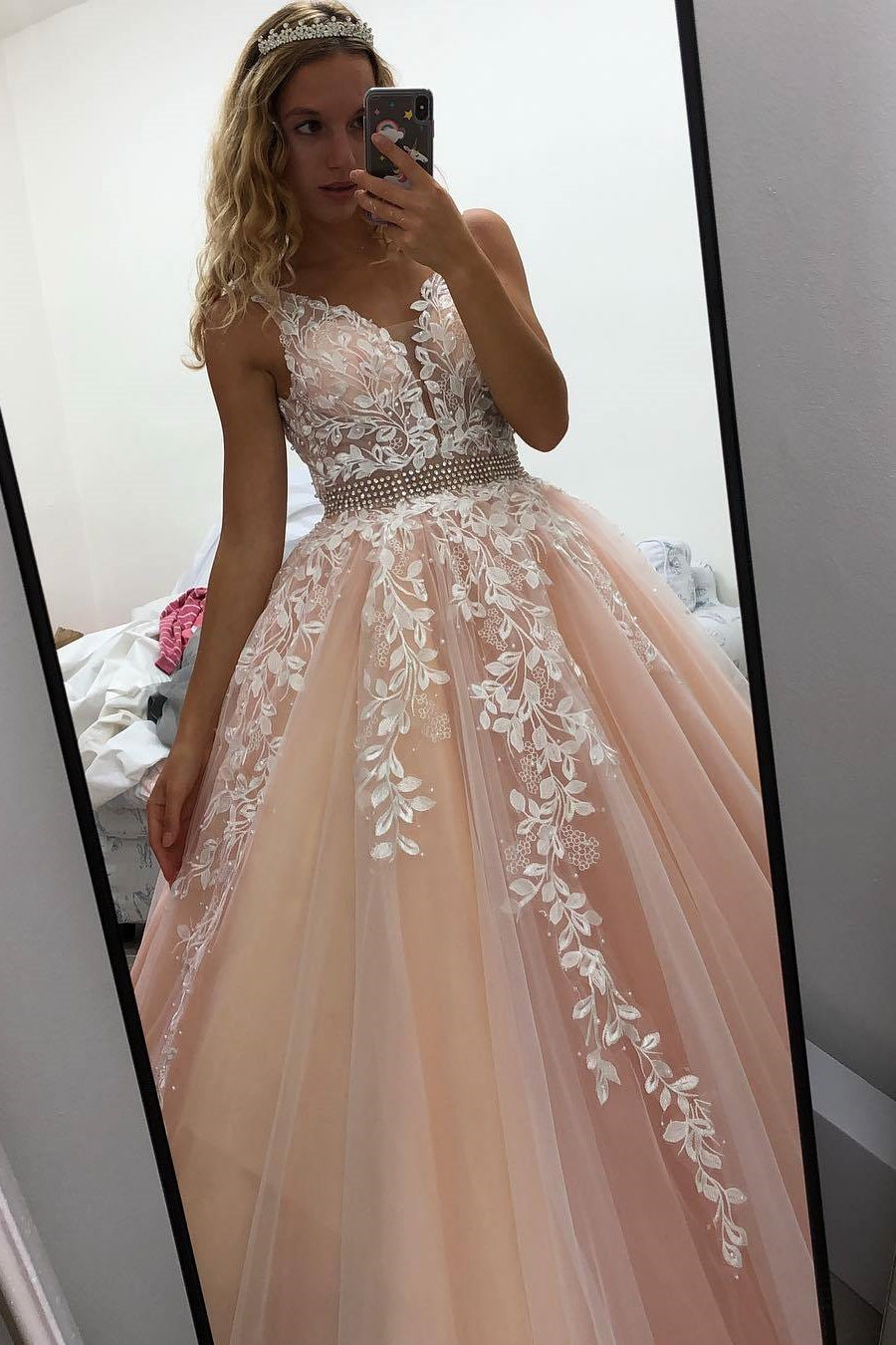 Unthony - A Line V Neck Open Back Pink Lace Appliques Long Prom Dress