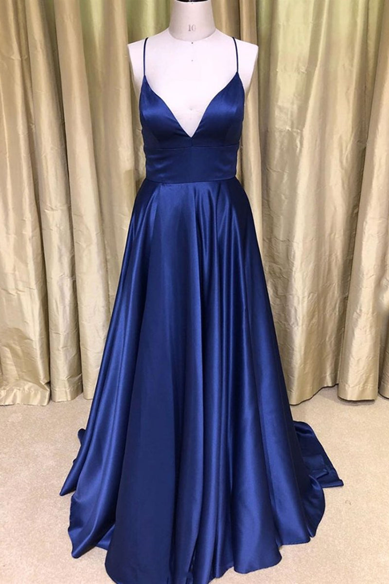 Unthony - Royal Blue V Neck Backless Satin Long Prom Dresses
