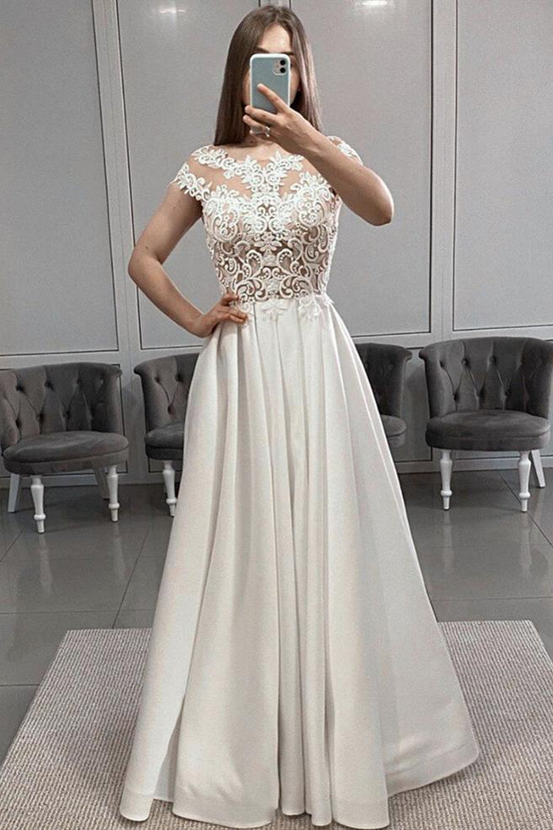 Unthony - Round Neck Cap Sleeves White Lace Long Prom Dress with Slit