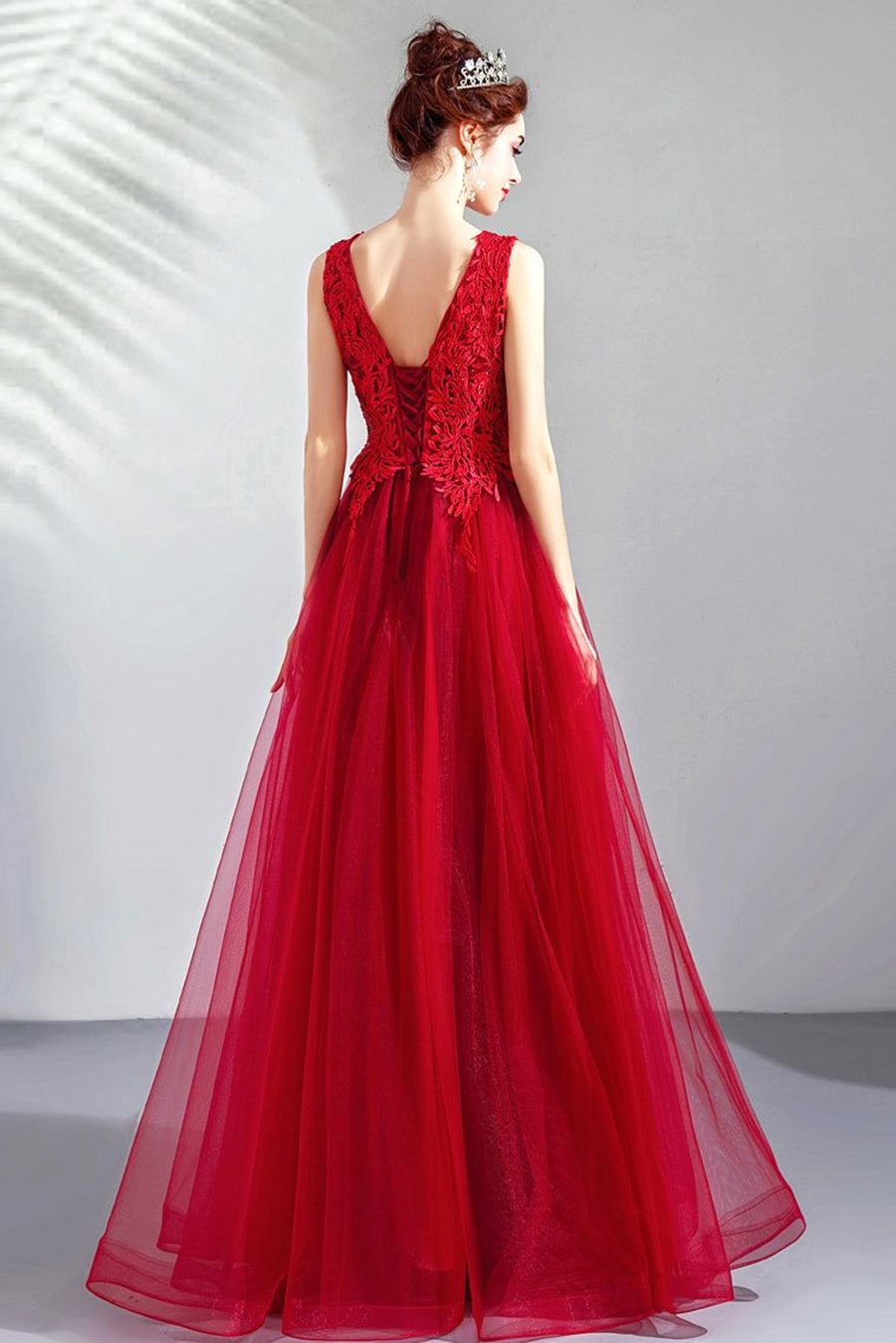 Unthony - A Line V Neck Lace Burgundy Tulle Long Prom Dresses