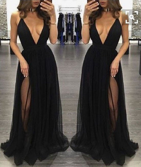 Unthony - Sexy Backless V-neck Tulle Long Black Prom Dresses