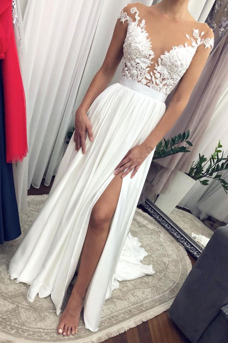 Unthony - Round Neck Cap Sleeves Long White Lace Prom Dress with Slit