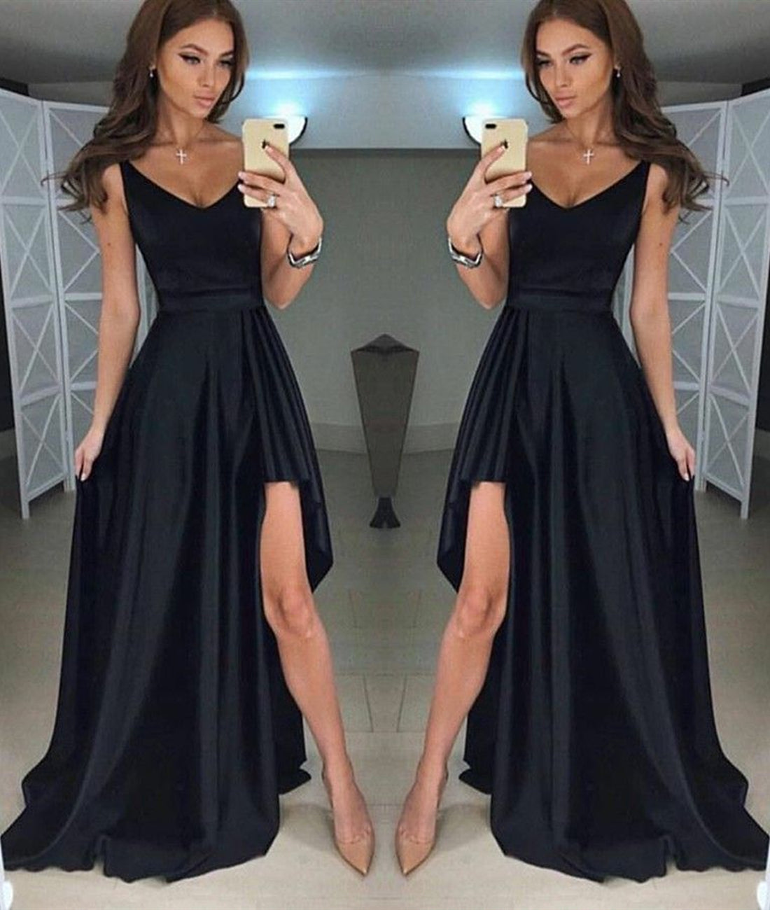 Unthony - A Line V Neck Asymmetry Floor Length Black Prom Dresses with Pleats