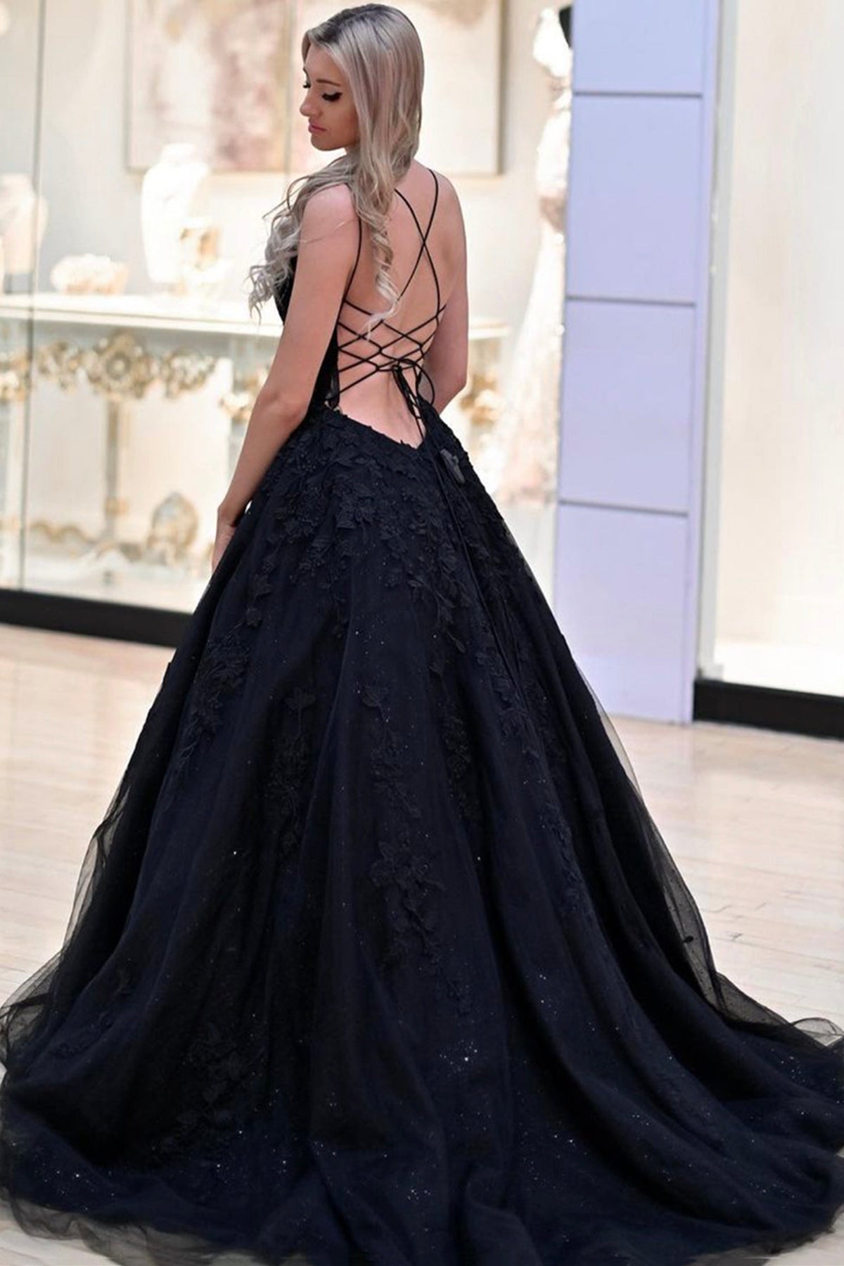 Unthony - A Line V Neck Backless Black Lace Prom Dress Long