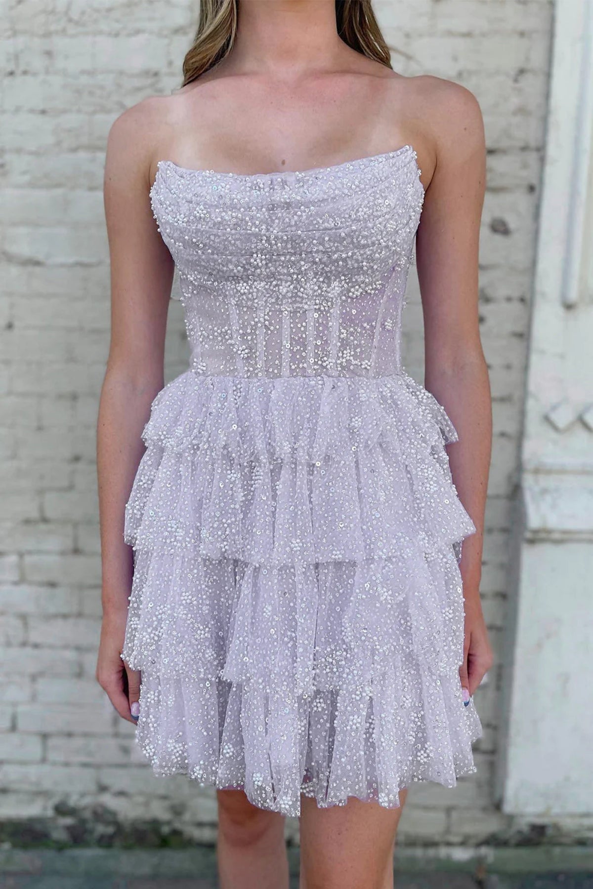 Unthony - Bling Bling Strapless Layered Lilac Short Prom Dress