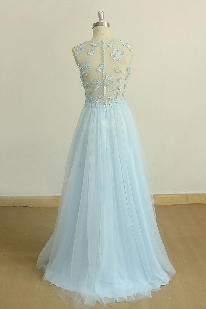 Unthony - A Line Round Neck Baby Blue Lace Long Prom Dress with Butterfly