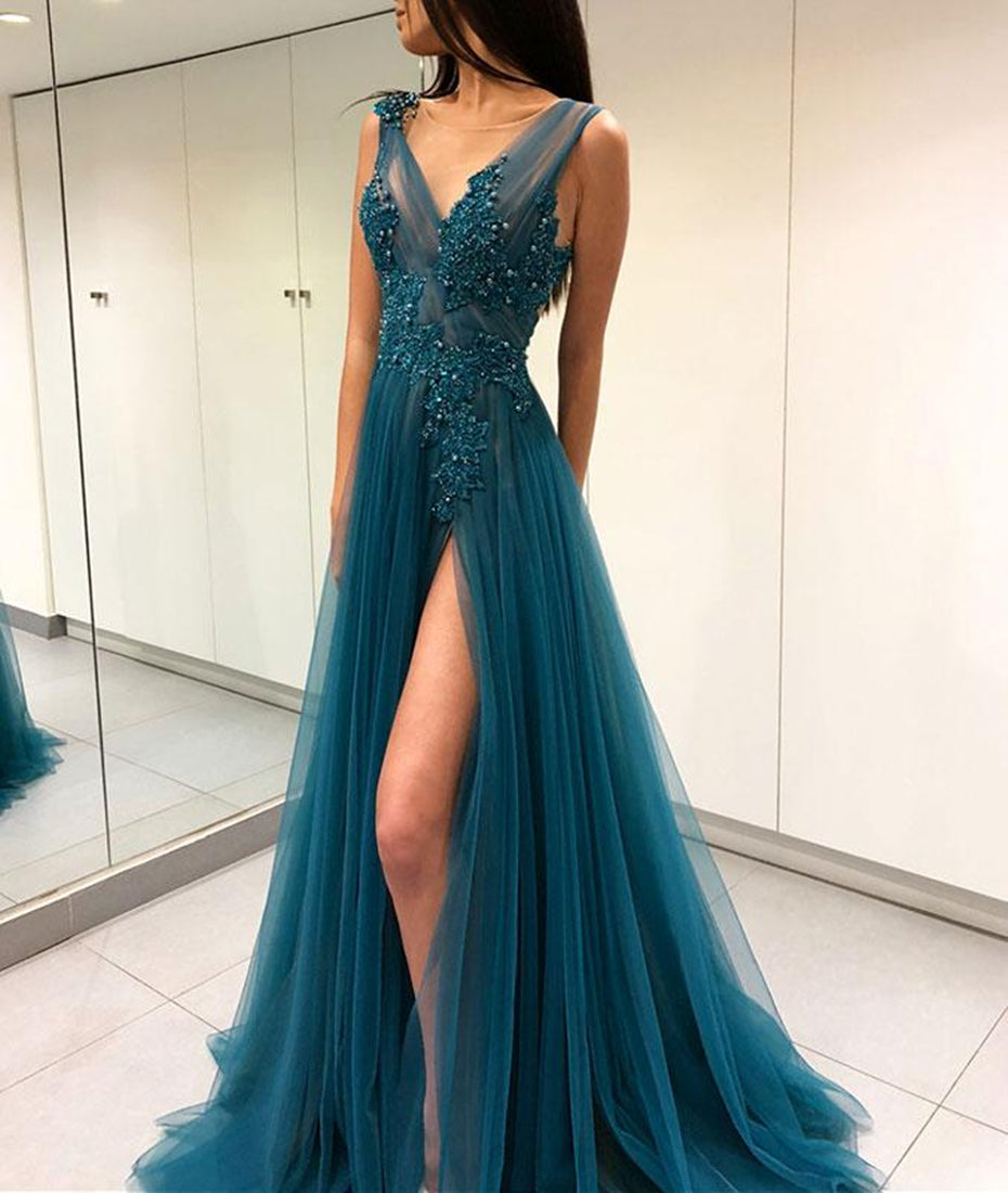 Unthony - A Line V Neck Open Back Lace Green Tulle Long Prom Dresses