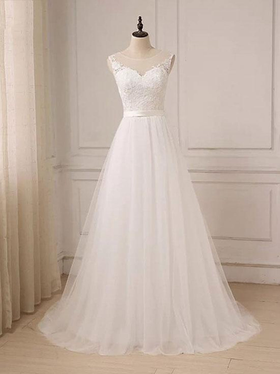 Unthony - Custom Made A Line Round Neck Lace Tulle White Long Prom Dresses