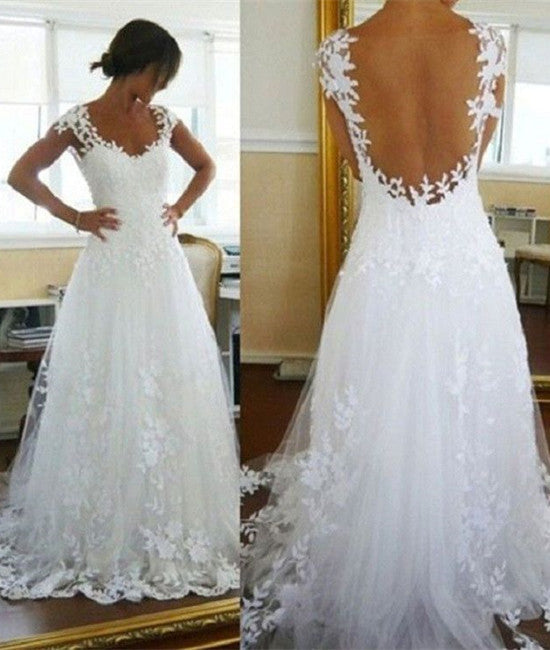 Unthony - Backless White Lace Sweep Train Tulle Prom Gown