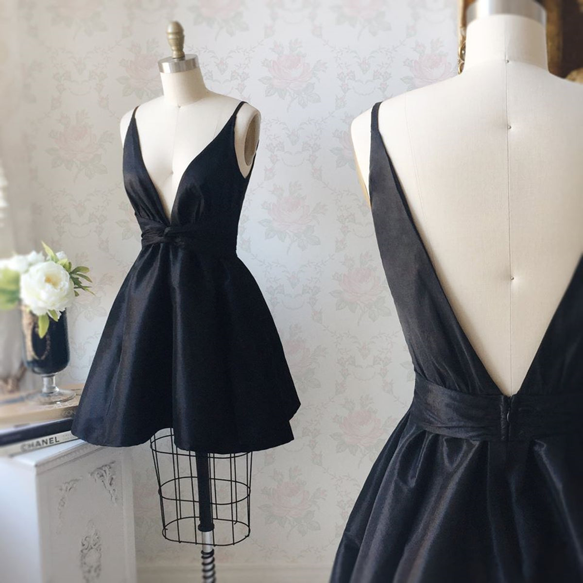 Unthony - V Neck and V Back Black Satin Short Prom Homecoming Dress