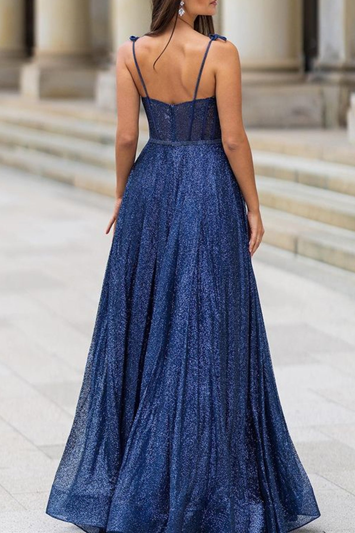 Unthony - Elegant A Line Open Back Navy Blue Long Prom Dress