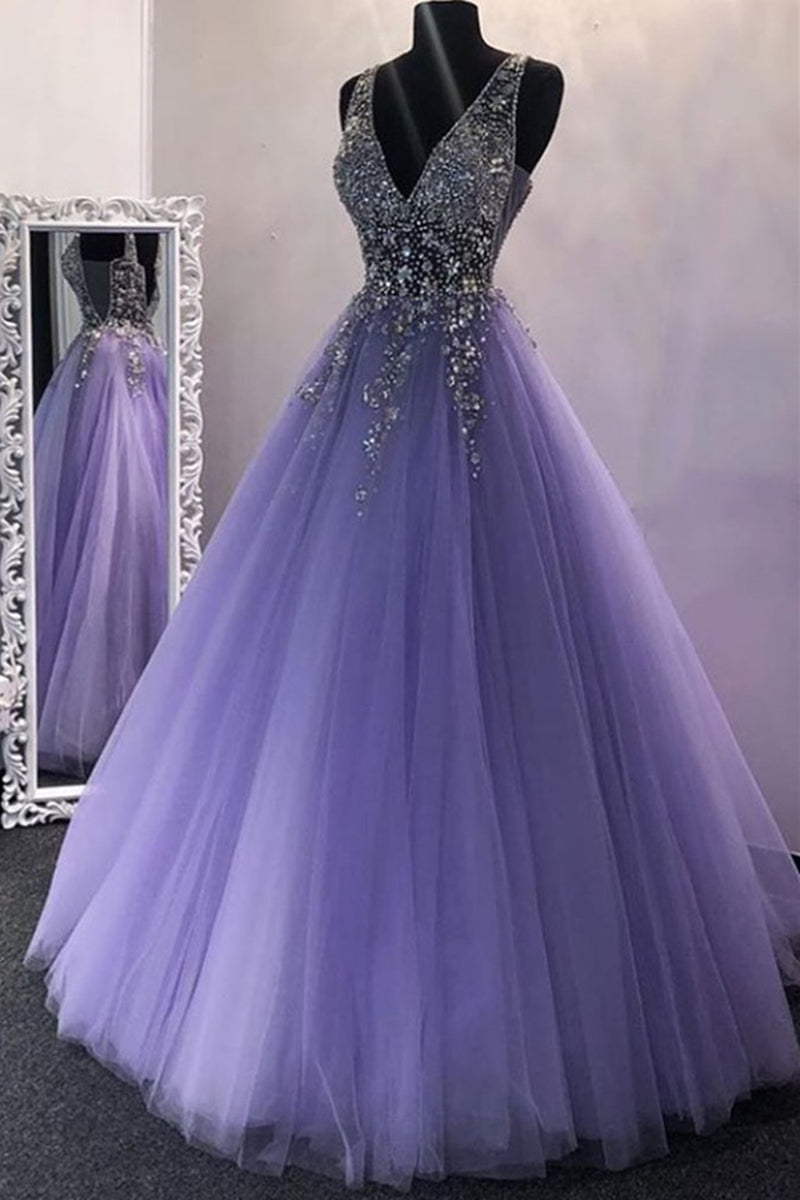 Unthony - Gorgeous V Neck Beaded Purple Tulle Long Prom Dress
