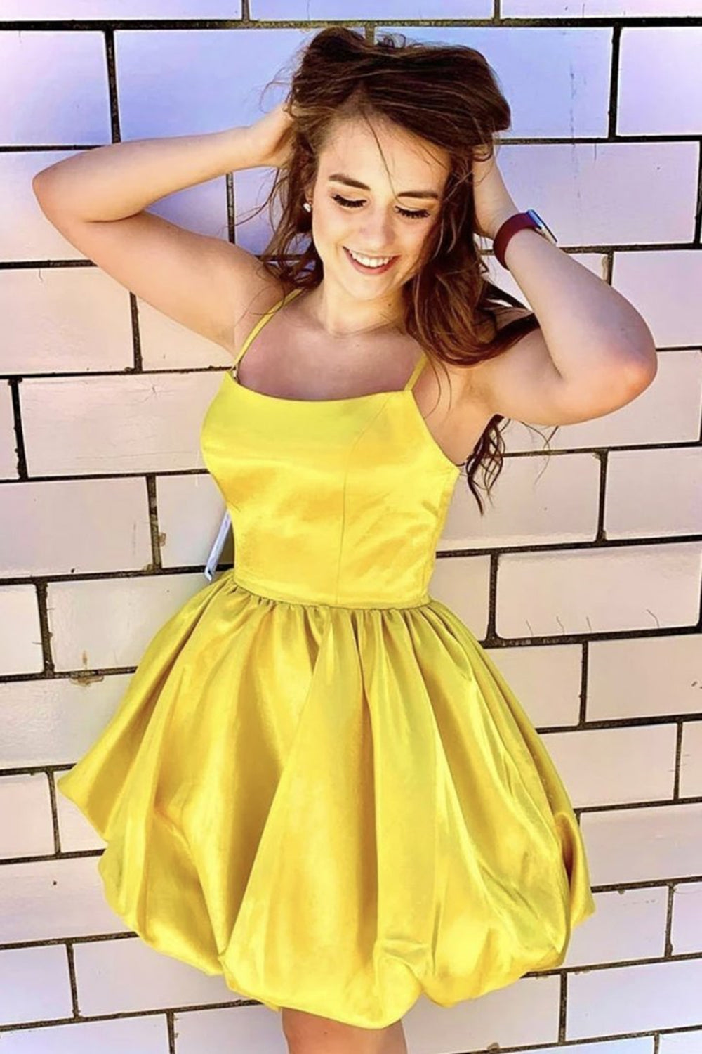 Unthony - A Line Spaghetti Straps Short Yellow Satin Prom Homecoming Dress