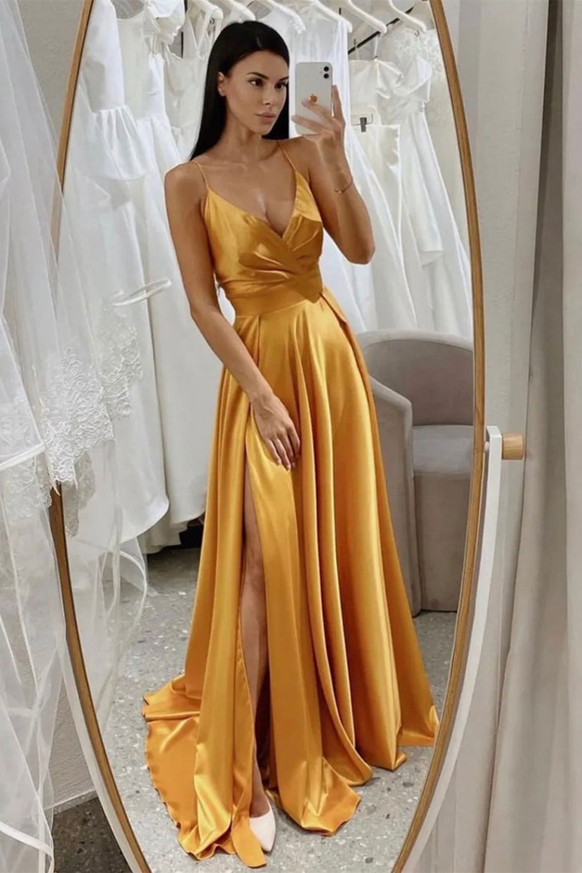 Unthony - A Line V Neck Yellow Satin Long Prom Dresses with High Slit