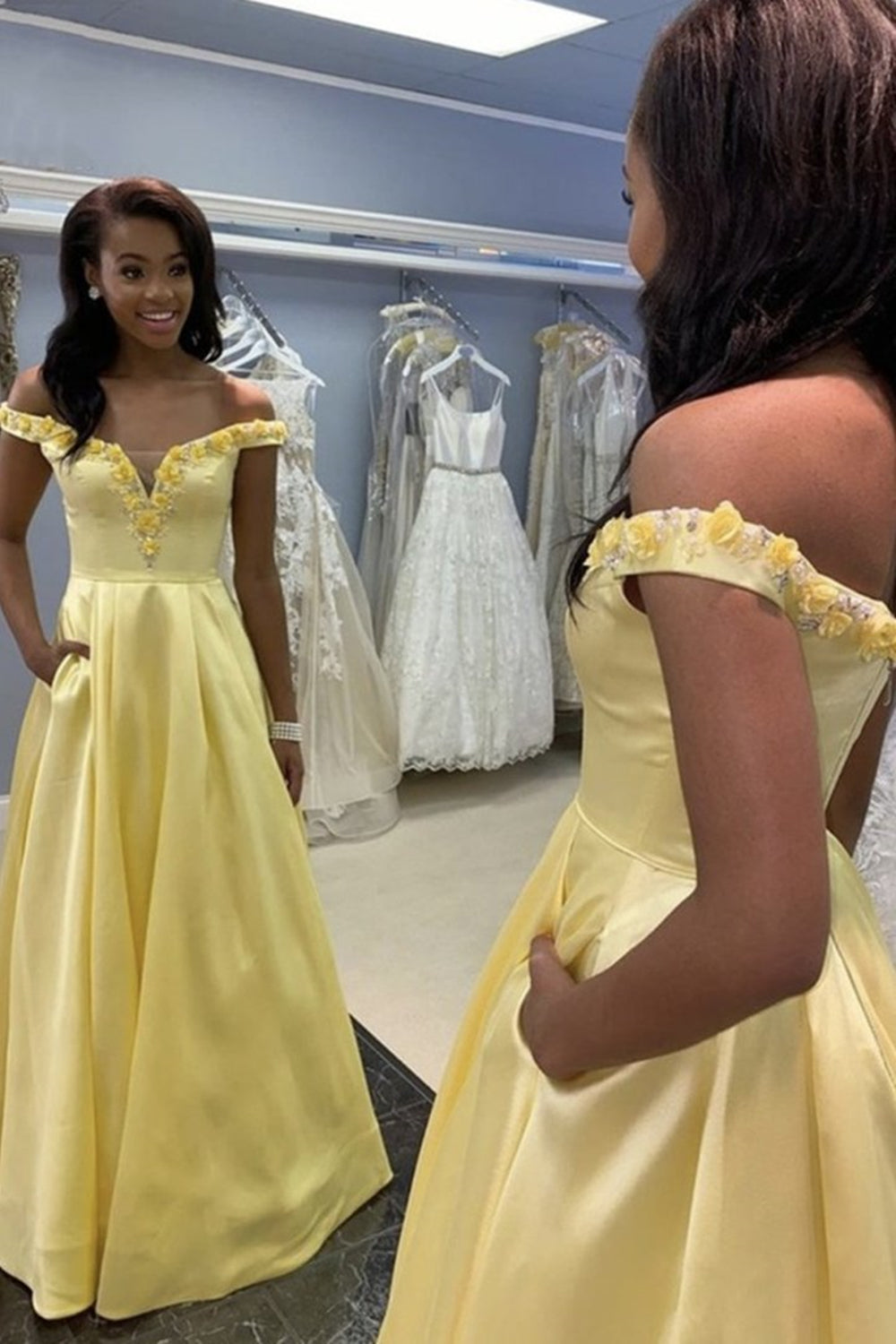 Unthony - Off Shoulder Yellow Satin Long Prom Dress with Pocket